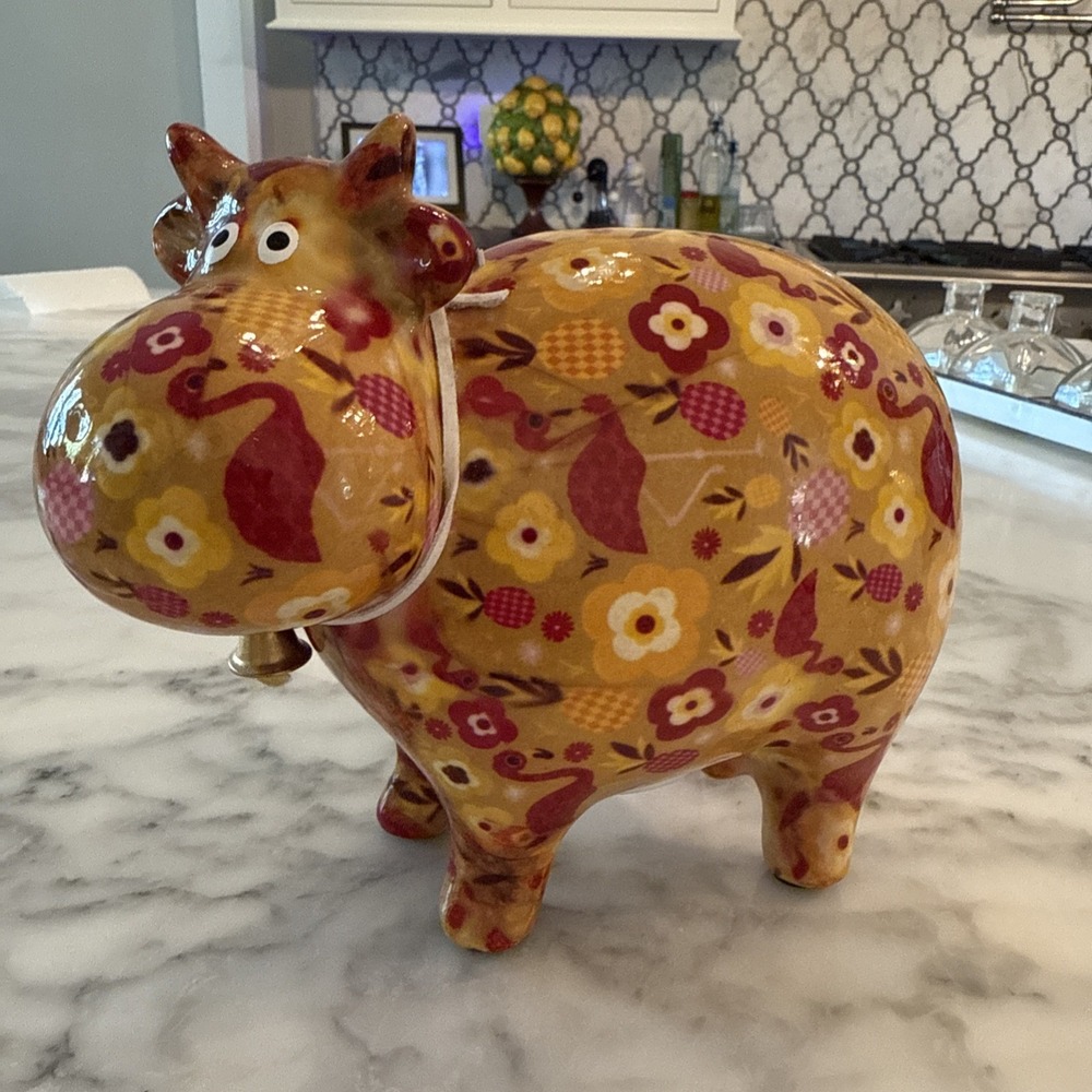 Pomme Pidou Floral Ceramic Flamingos, Red Gold Floral Colorful Cow Coin Bank